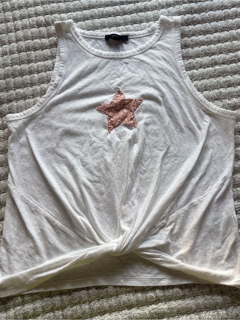 J. Crew White Tank with Pink Star Applique and Front Twist